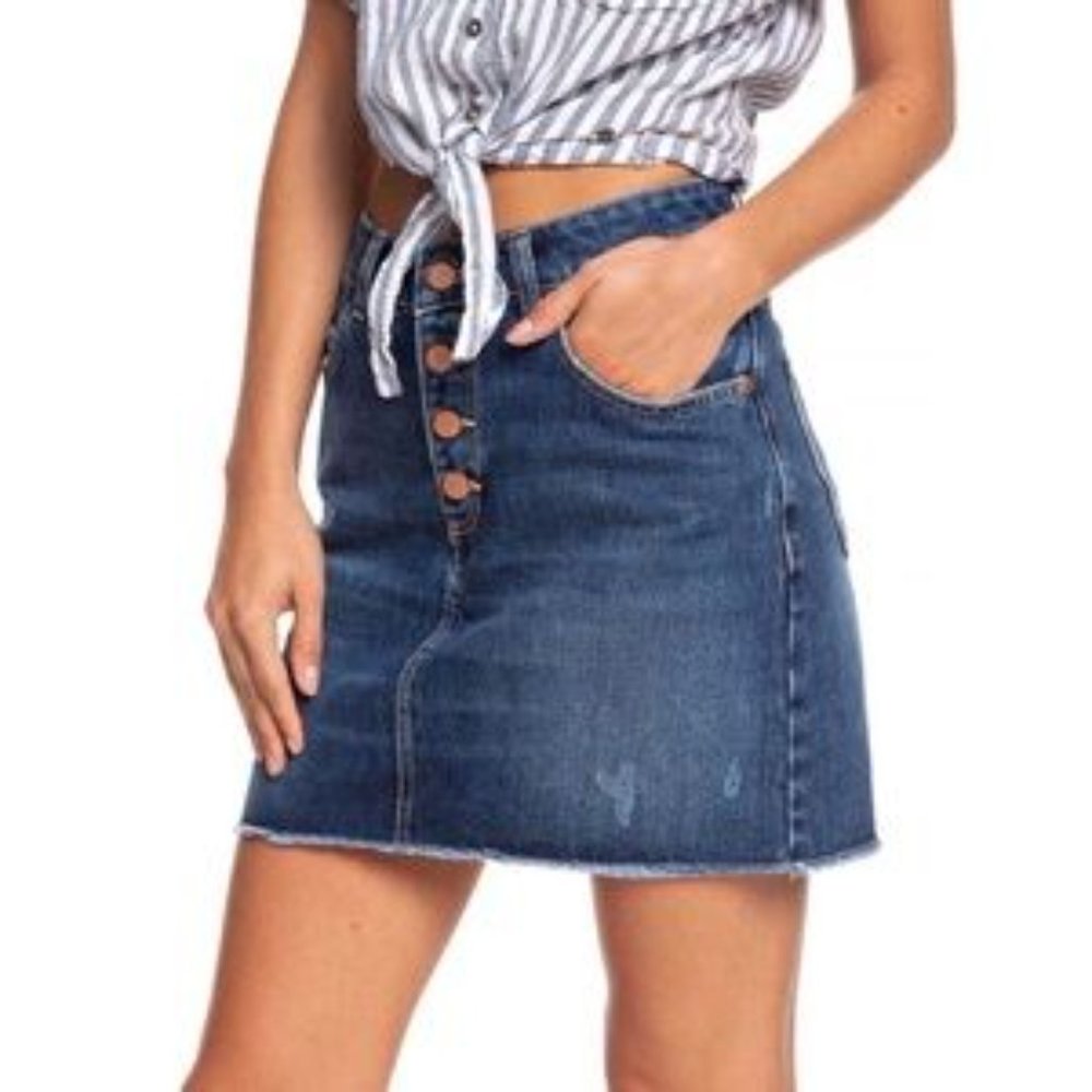 Roxy Surfing Girl Power Distressed Jean Mini Skirt Button Fly Sz‎ S - EUC